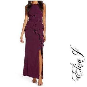 ELIZA J Ruffle Front Maxi Gown, Wine